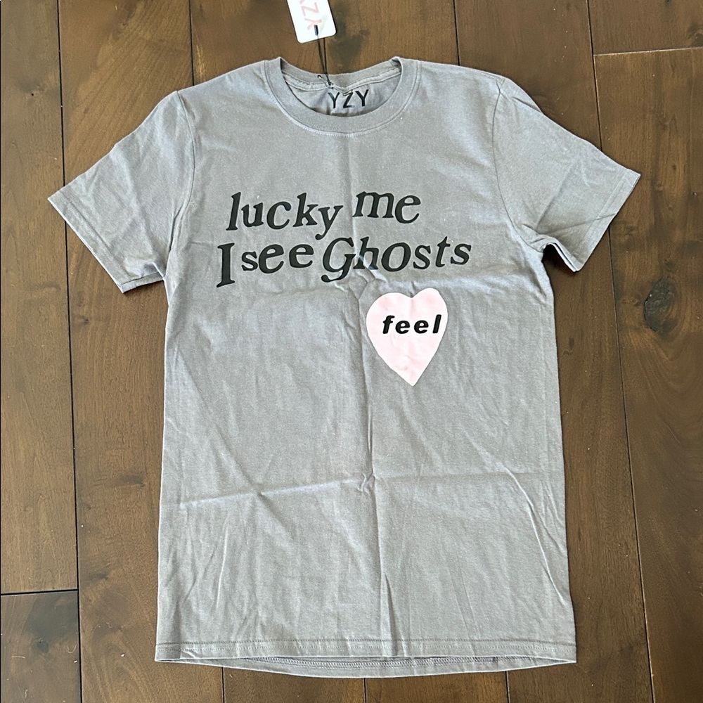 YZY Lucky Me I see Ghosts Gray Graphic Tee with Heart Design